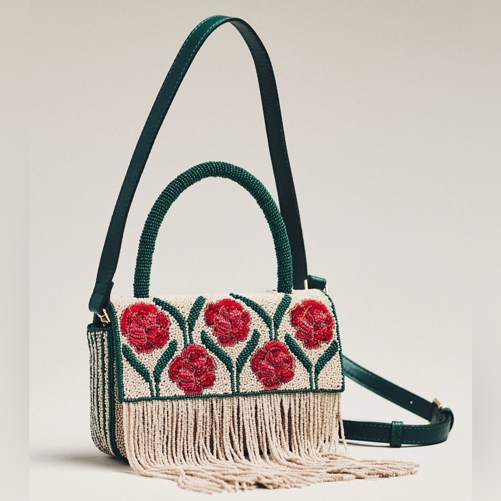 Anthropologie beaded fringe floral shoulder bag